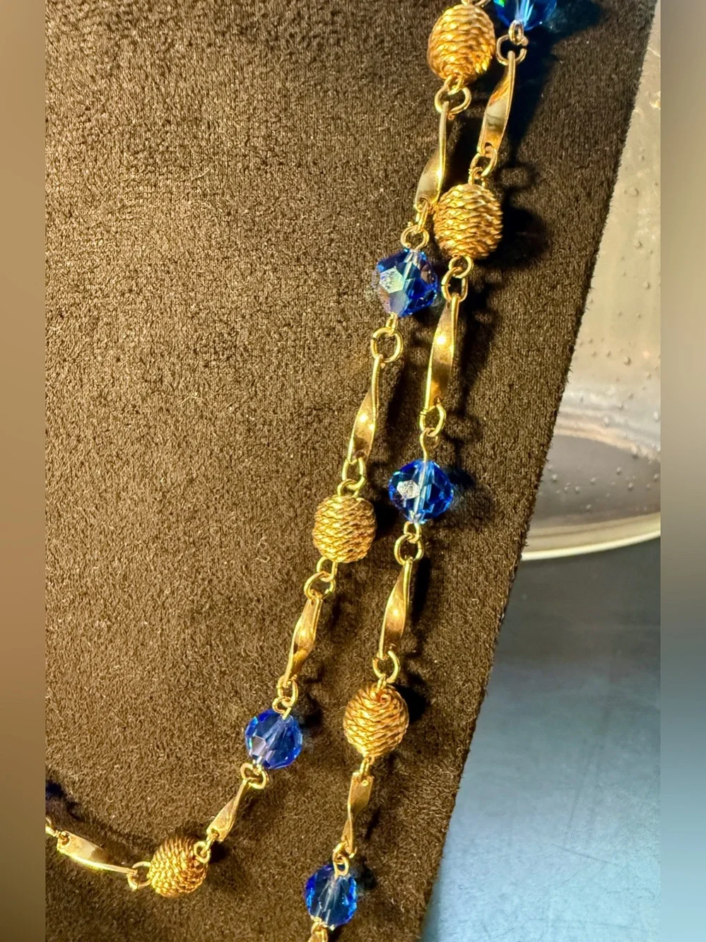 Vintage Mid Century Long Gold Tone With Blue Crystal Bead Necklace